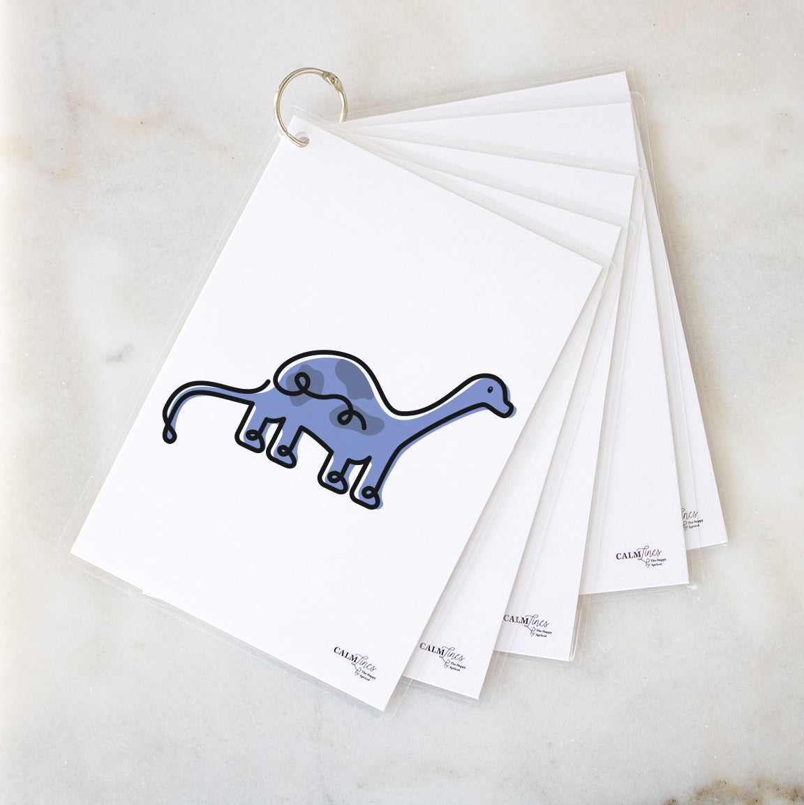 5 laminated cards on silver ring with dinosaur single-line illustration.