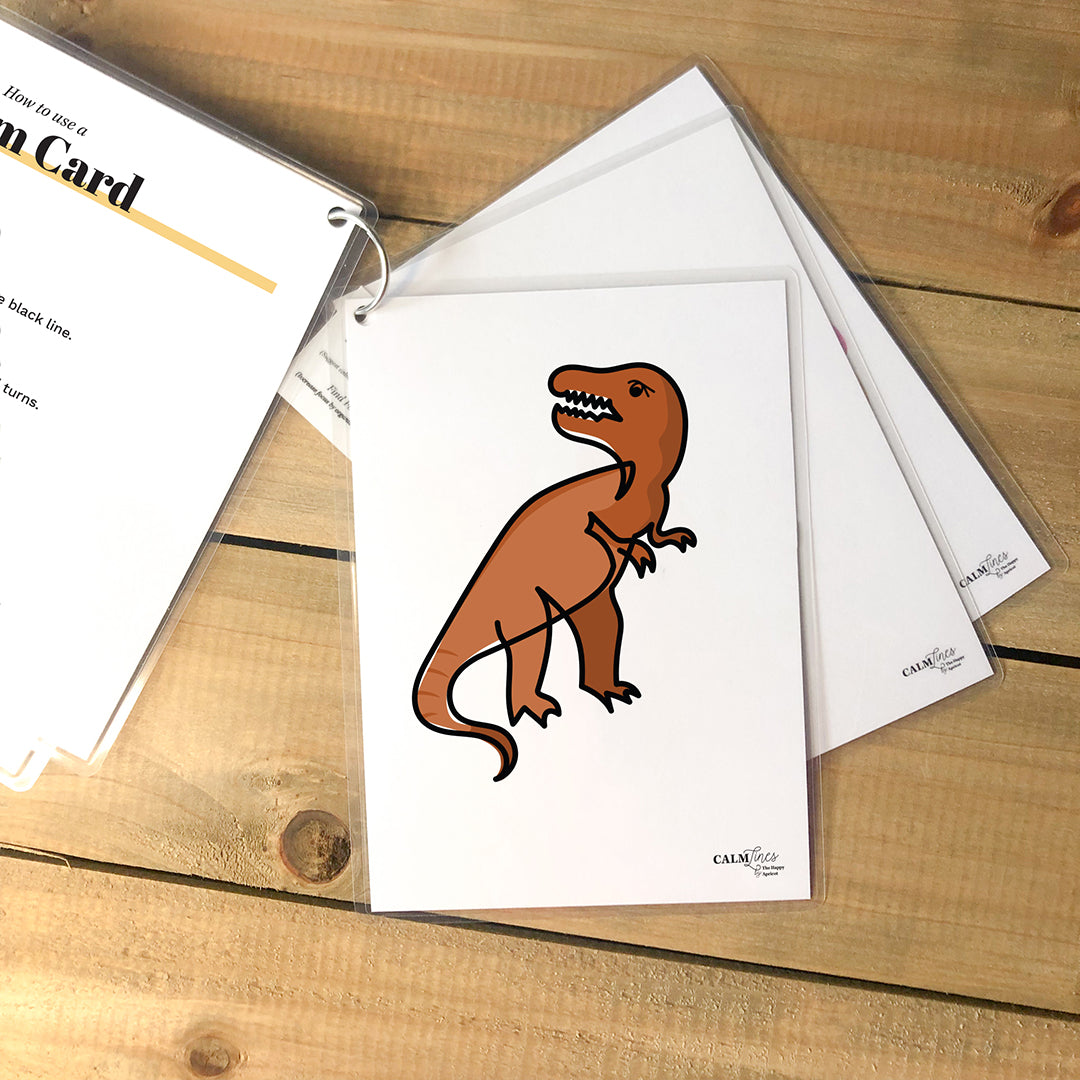 5 laminated cards on silver ring with t-rex single-line illustration.