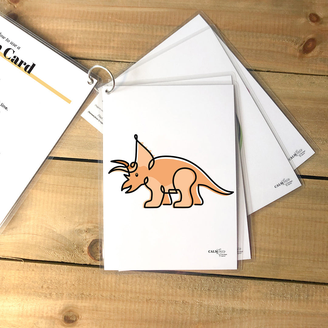 5 laminated cards on silver ring with triceratops single-line illustration.