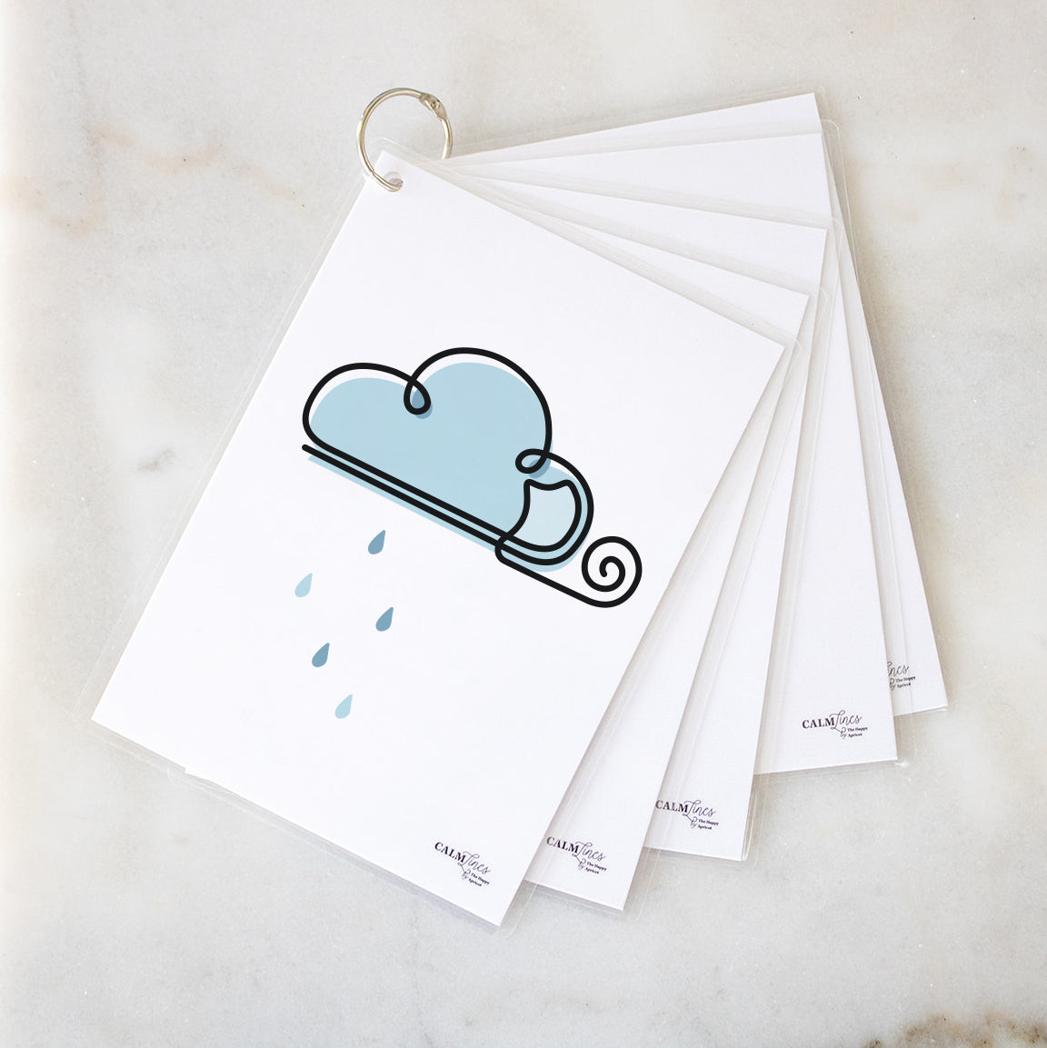 5 laminated cards on silver ring with cloud single-line illustration.