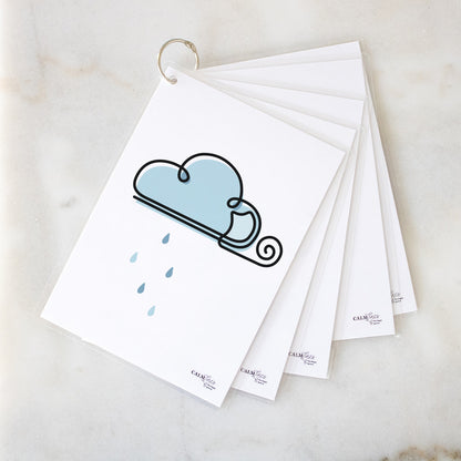 5 laminated cards on silver ring with cloud single-line illustration.