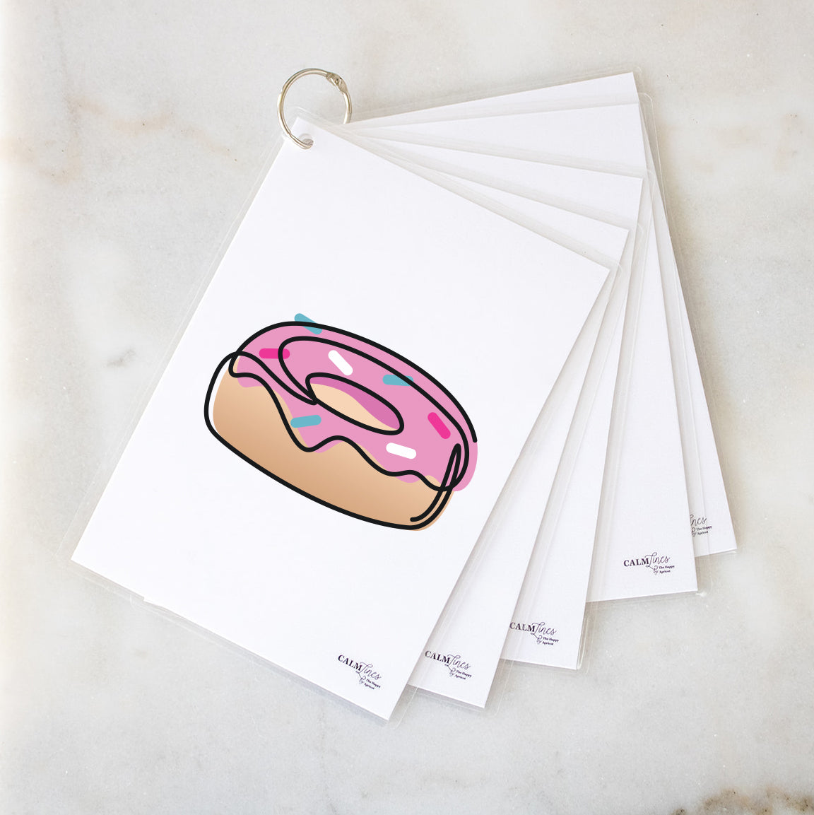 5 laminated cards on silver ring with donut single-line illustration.