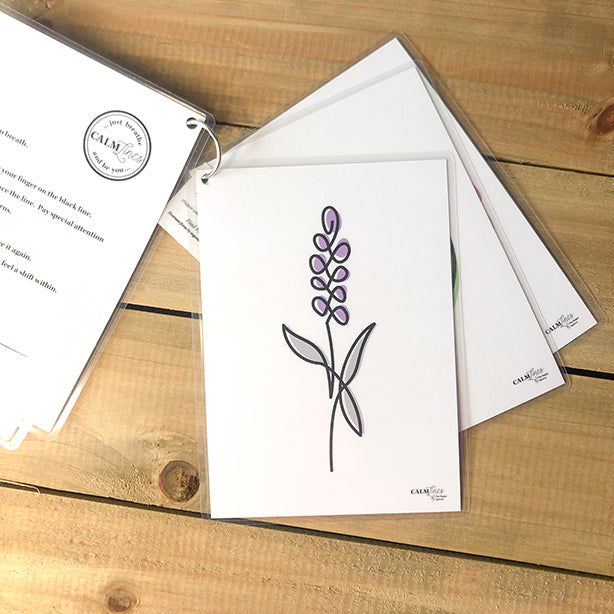 5 laminated cards on silver ring with lavender single-line illustration.