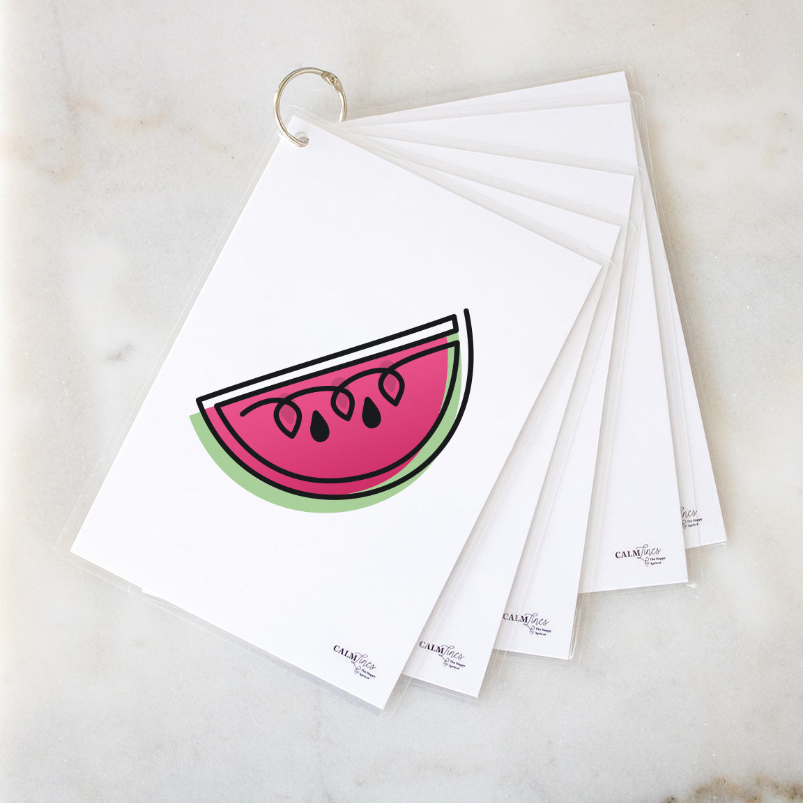 5 laminated cards on silver ring with watermelon single-line illustration.