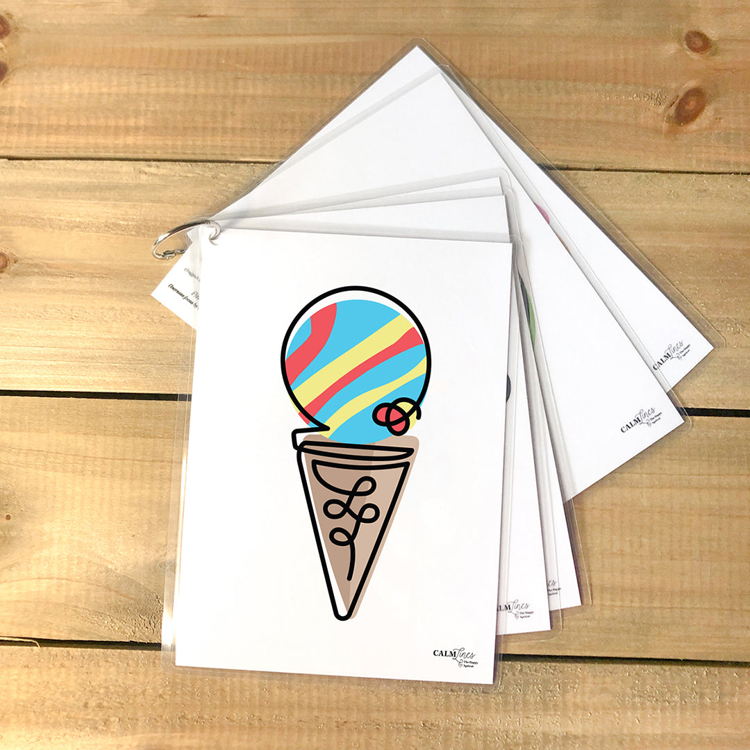 5 laminated cards on silver ring with superman ice cream single-line illustration.