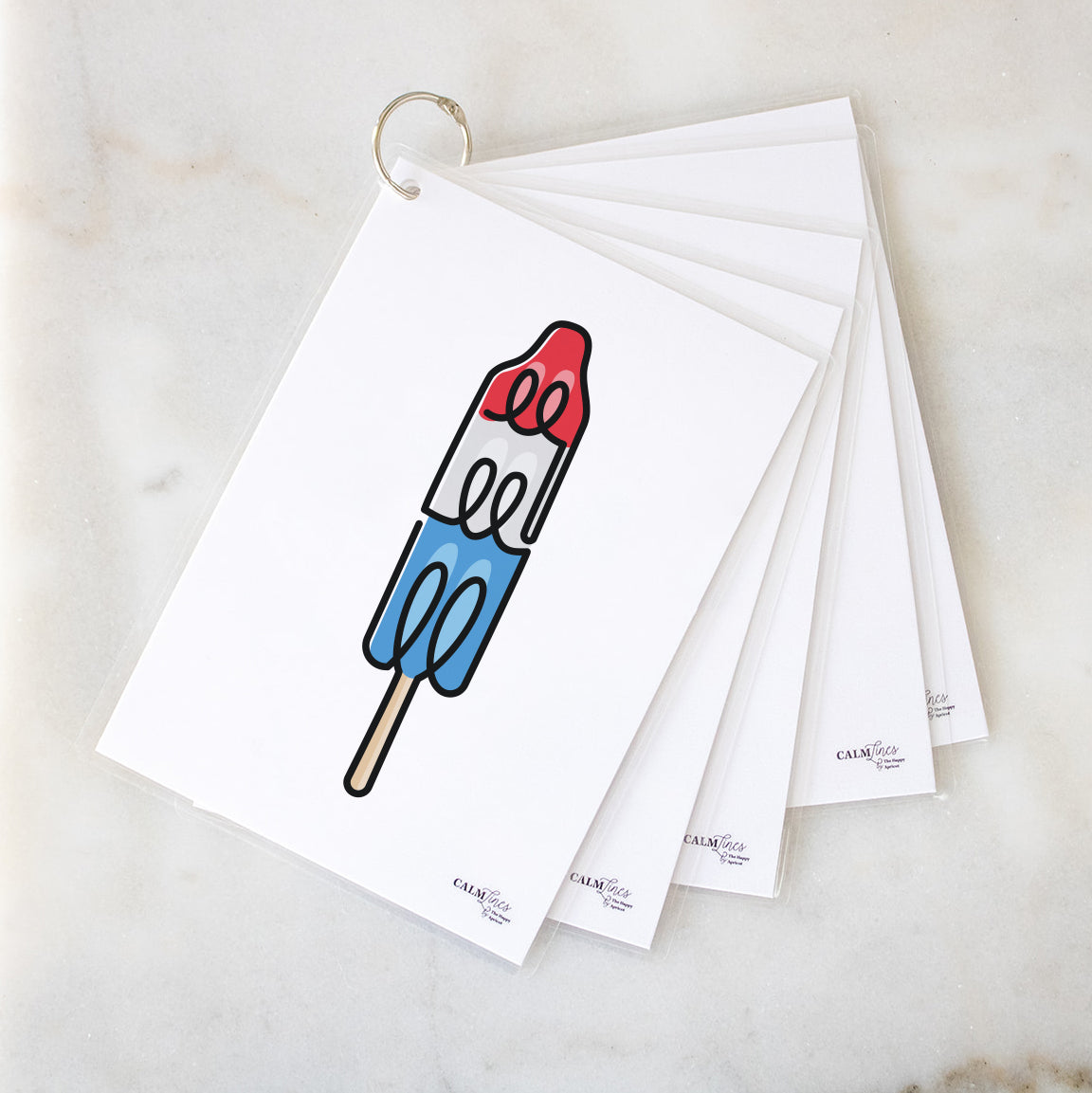 5 laminated cards on silver ring with popsicle single-line illustration.