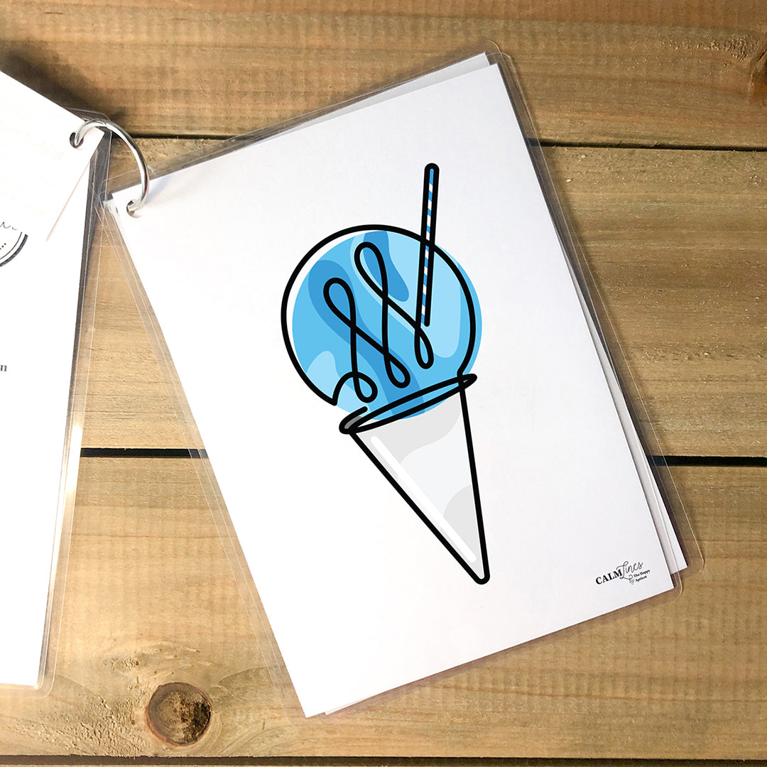 5 laminated cards on silver ring with snow cone single-line illustration.