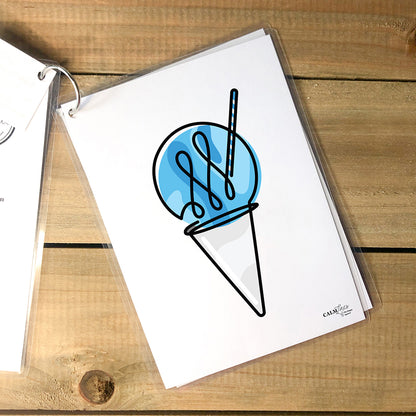 5 laminated cards on silver ring with snow cone single-line illustration.