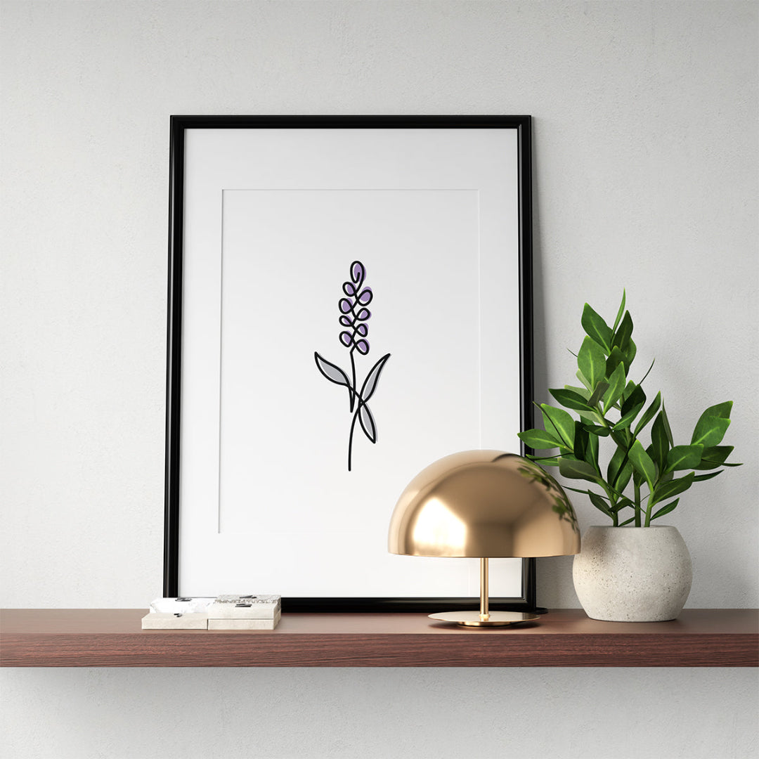 Black single-line art of lavender on white, framed in black, with metal lamp and potted plant on wooden shelf.