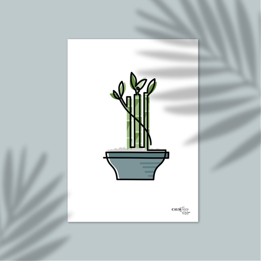 Black single-line illustration of green bamboo in blue pot on white.