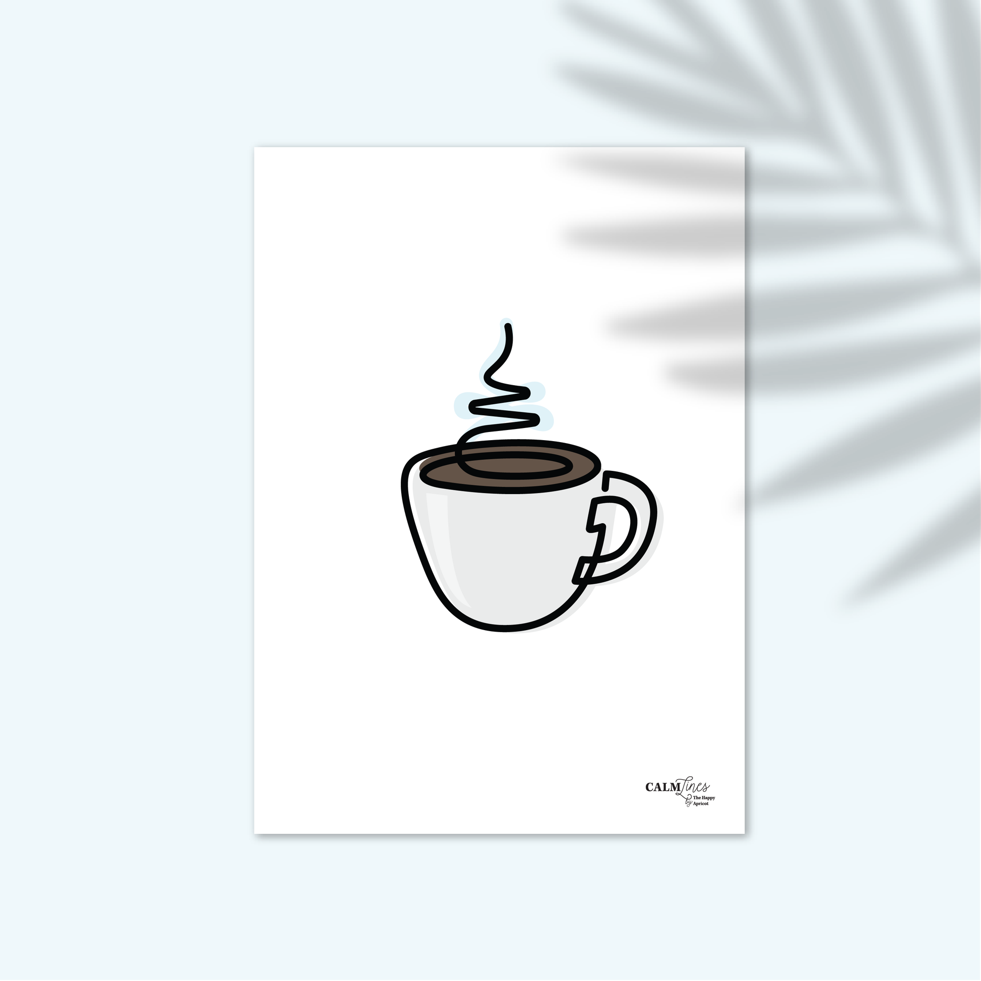 Black single-line illustration of coffee cup with steam on white.