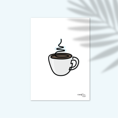 Black single-line illustration of coffee cup with steam on white.