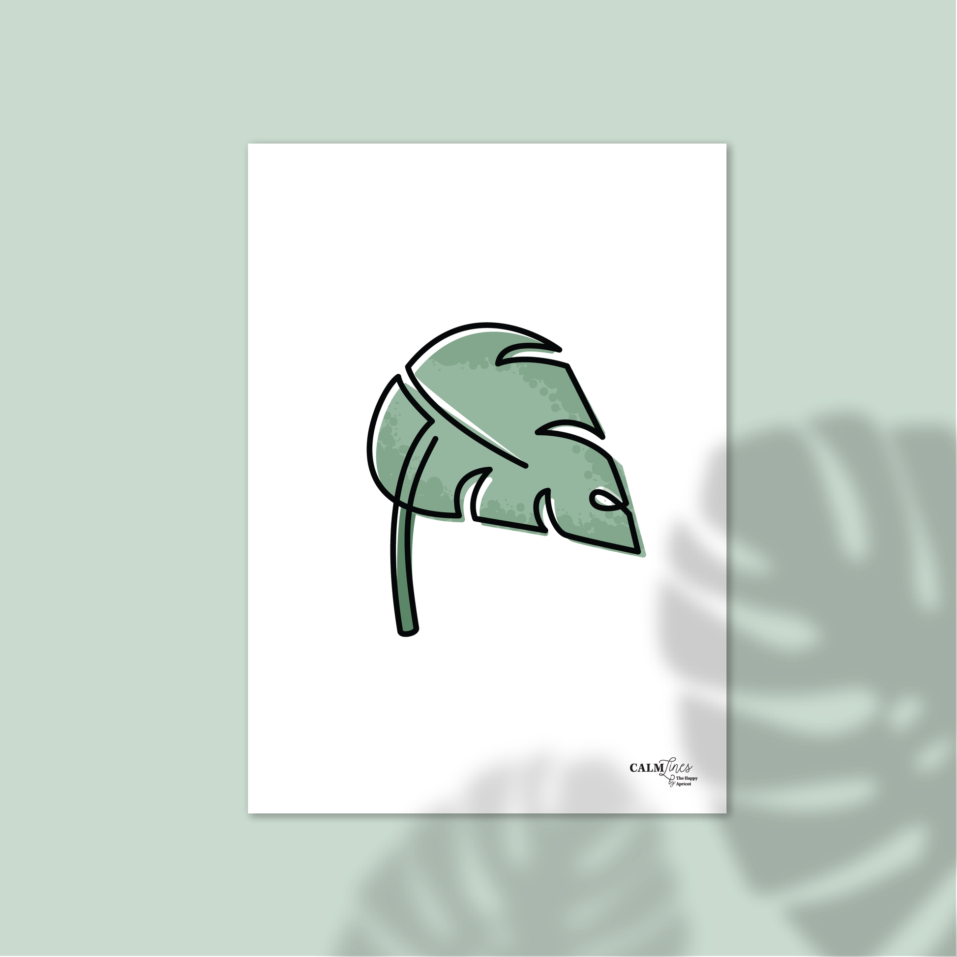 Black single-line illustration of green monstera leaf on white.