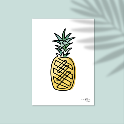 Black single-line illustration of yellow and green pineapple on white.