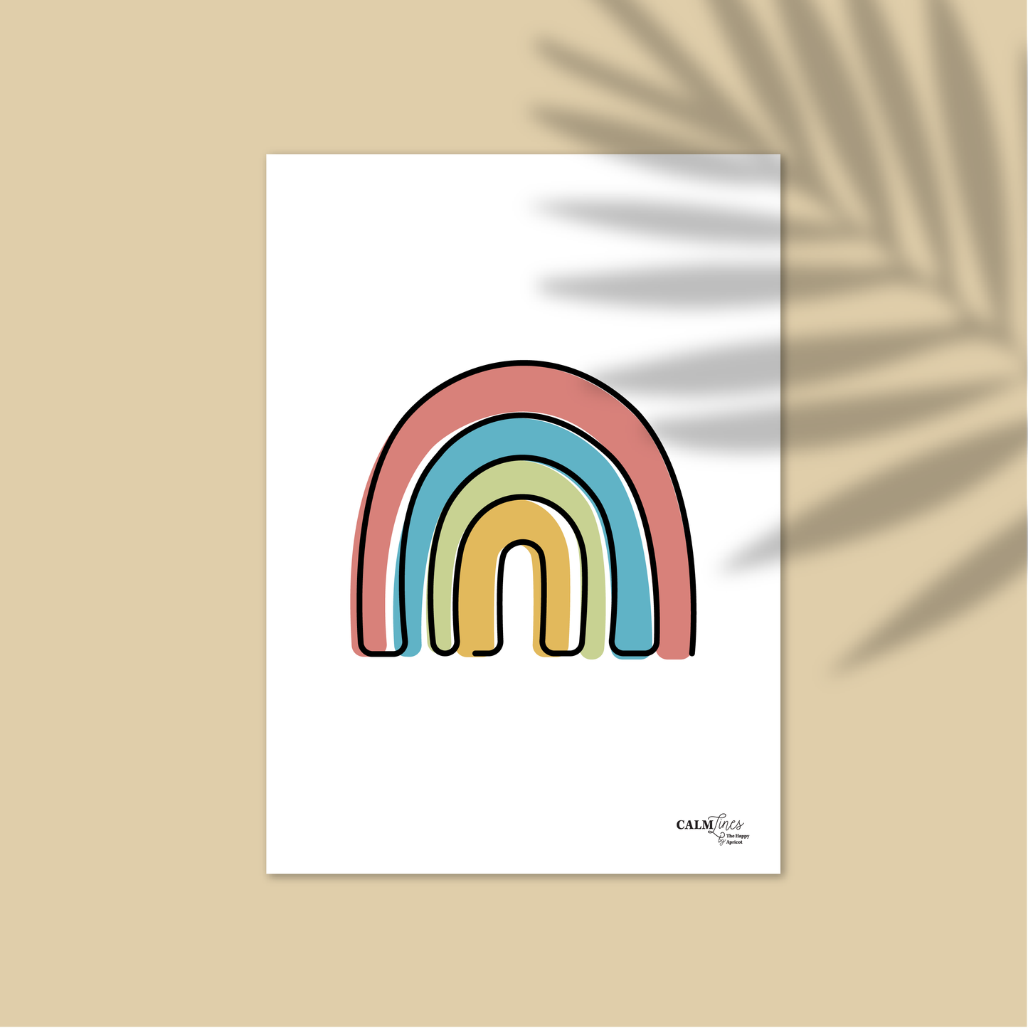 Black single-line illustration of rainbow on white with yellow background.