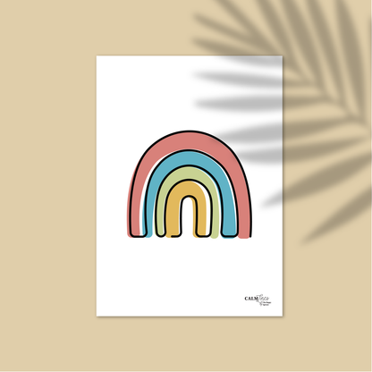 Black single-line illustration of rainbow on white with yellow background.