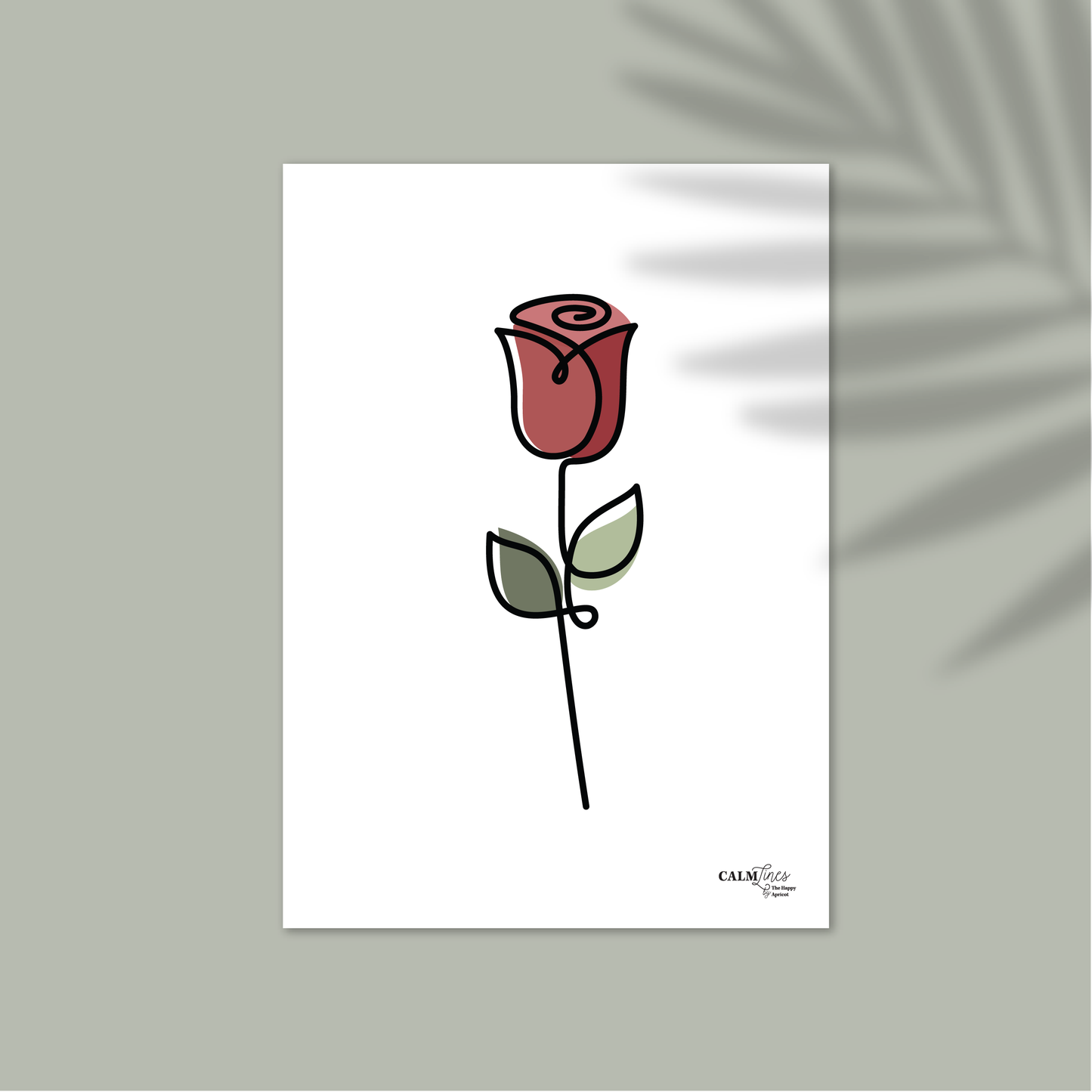 Black single-line illustration of red rose on white.