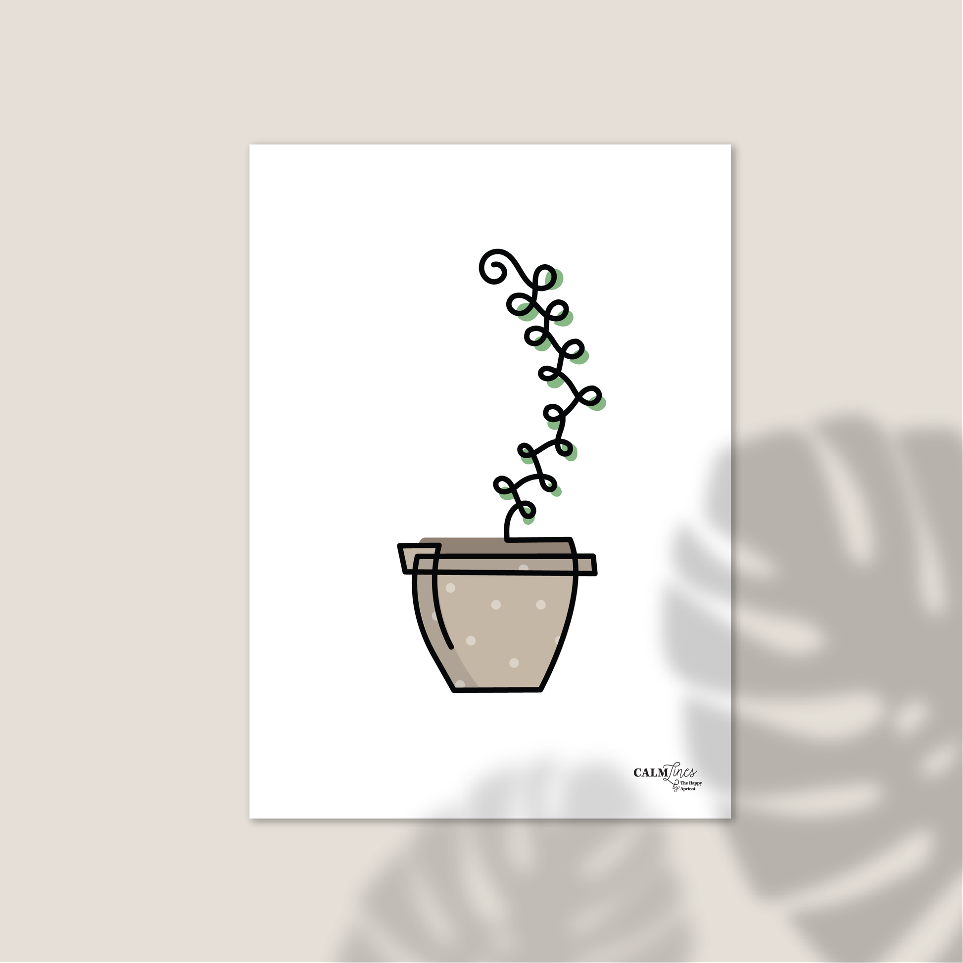 Black single-line illustration of green succulent in brown pot on white.