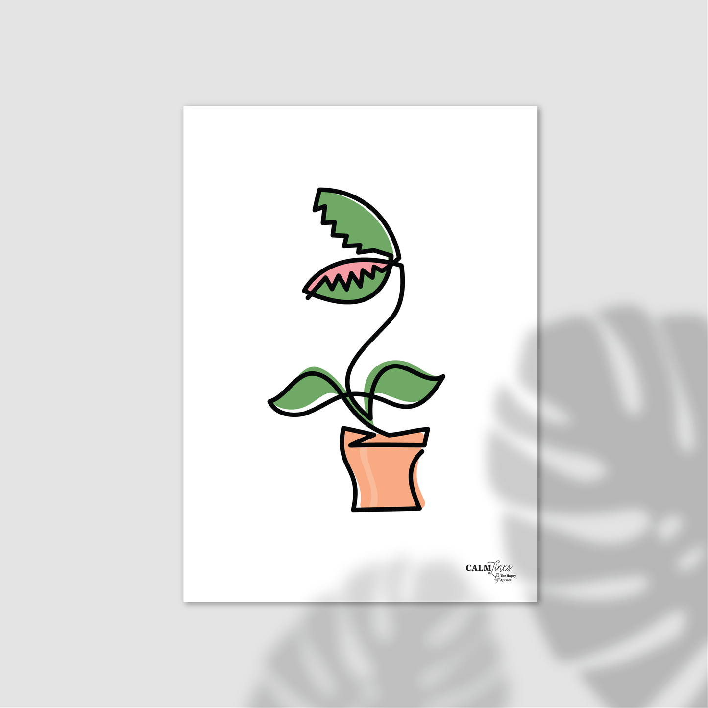 Black single-line illustration of green venus fly trap in orange pot on white.