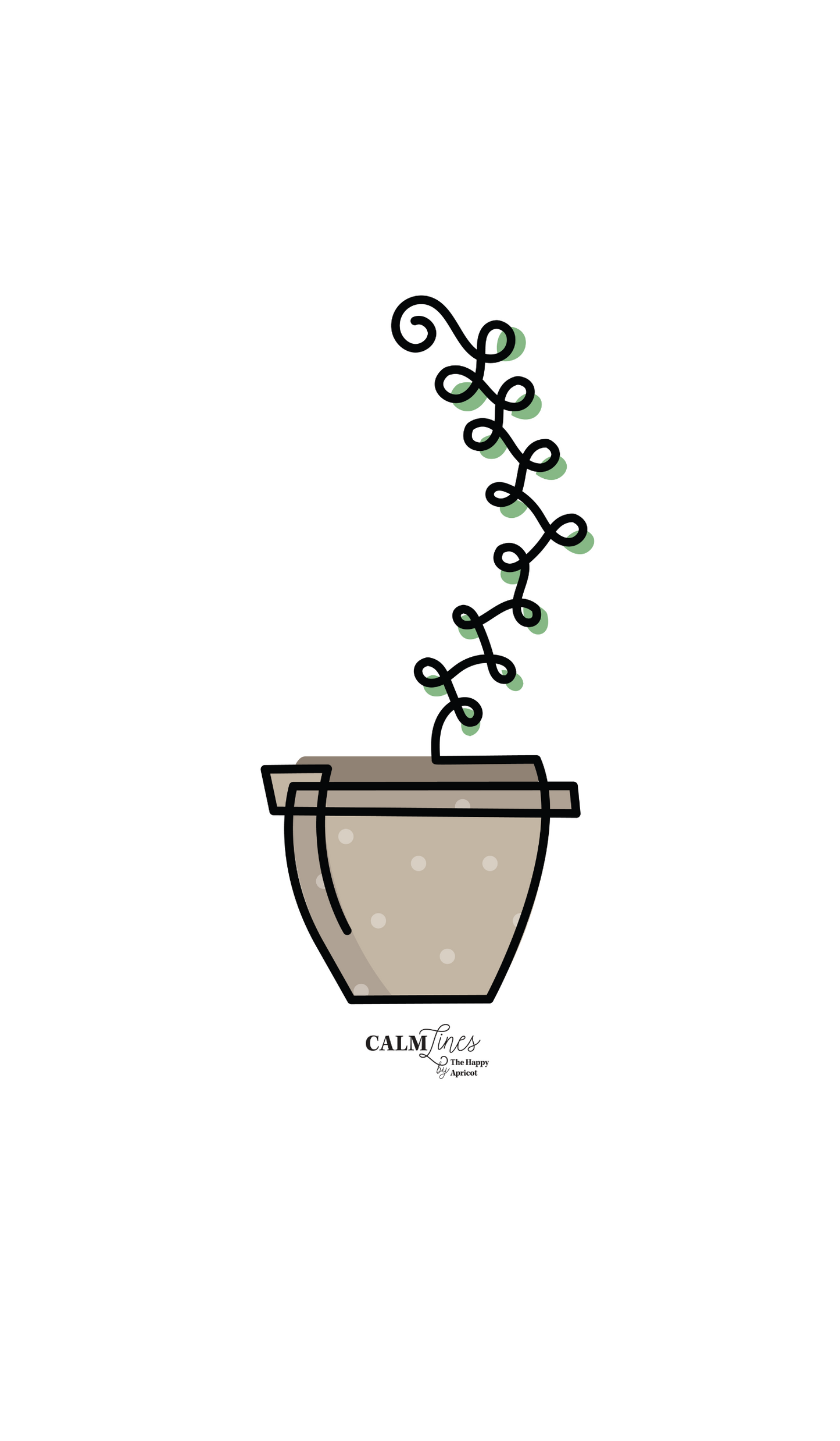 Single line art of green succulent in tan pot on white. 